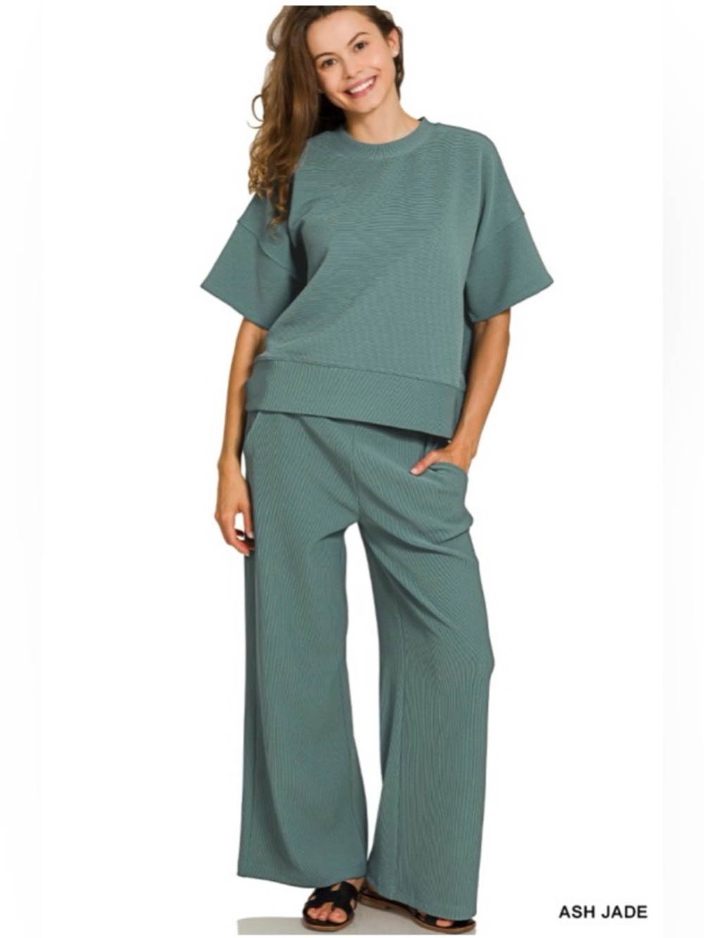 Zenana Ash Jade Rib Pants Set